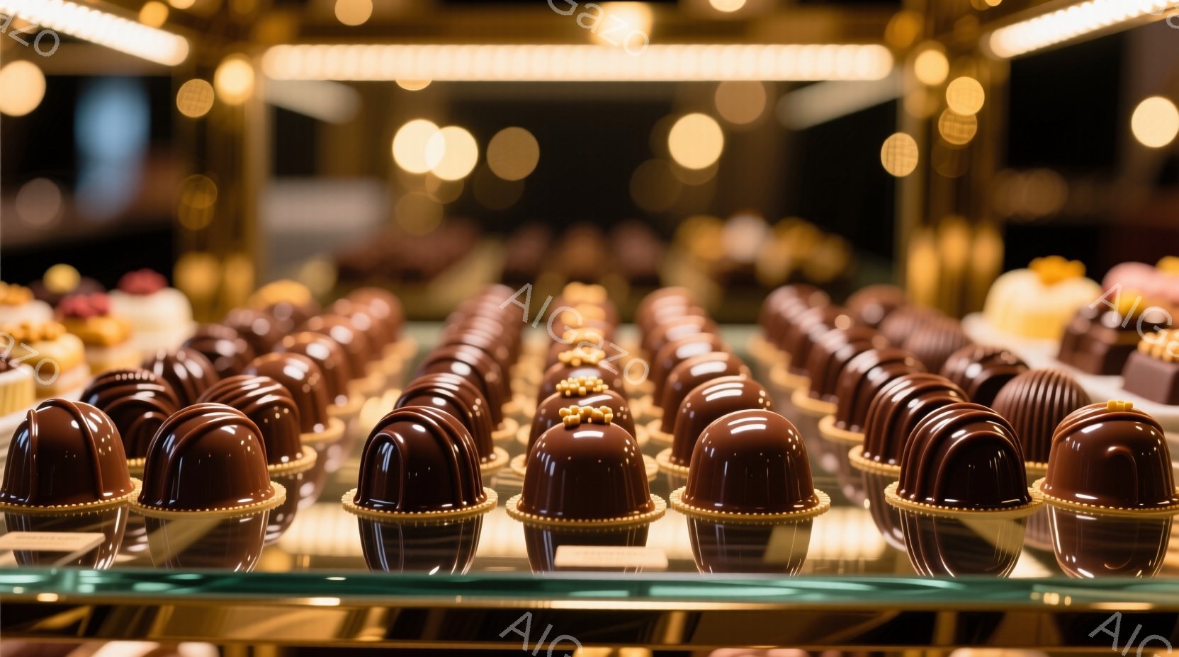 チョコレート色の美しいプチケーキが整然と並べられたショーケースの写真です。ケーキは艶やかで、金色の飾り付けがアクセントになっています。背景はぼかされており、ショーケース内のケーキが際立って見えます。