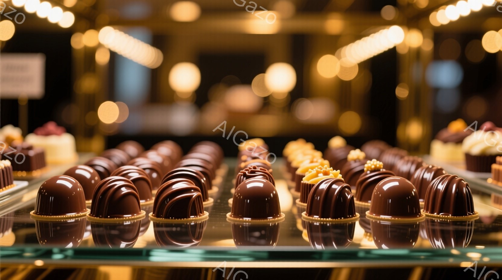 チョコレートのショーケースが写っており、様々な種類のチョコレートボンボンが整然と並んでいます。深みのある茶色のチョコレートは艶やかで、ところどころにクリームやナッツがトッピングされ、食欲をそそります。 - AI生成フリー素材
