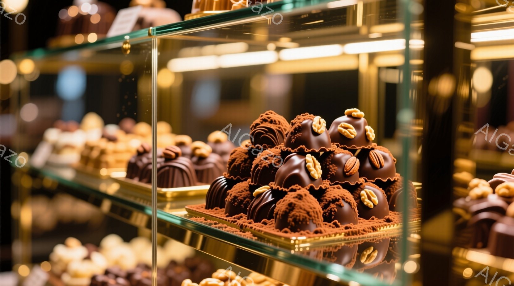 ガラスケースの中に、ココアパウダーをまぶしたチョコレート菓子が積み重ねられています。それぞれのチョコレートにはクルミが飾られており、繊細な美しさを際立たせています。背景には他の様々な種類のチョコレート菓子がぼんやりと見え、高級感のあるスイーツ店の雰囲気が漂っています。