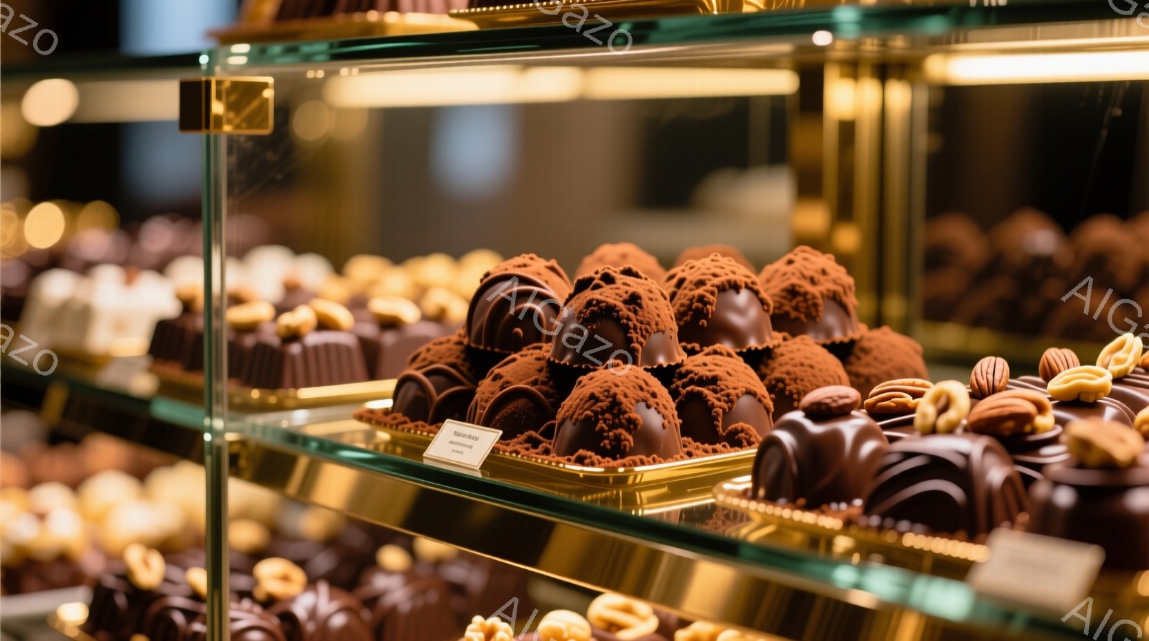 ガラスケースの中に、様々なチョコレート菓子が整然と並べられています。特に目立つのは、ココアパウダーをまぶした、丸いチョコレートボールの密集した配置で、その下にはナッツをトッピングしたチョコレートも確認できます。暖色の照明がケース全体を照らし、上品で洗練された雰囲気を醸し出しています。