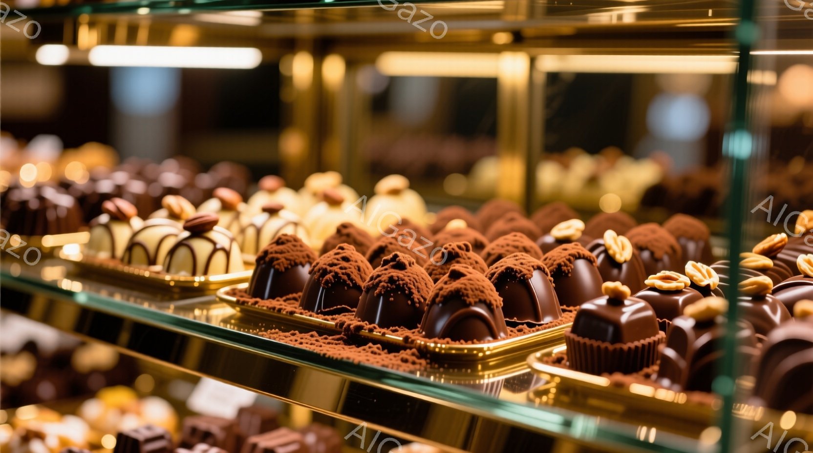 ショーケースの中に様々なチョコレート菓子が整然と並べられています。ココアパウダーで覆われたドーム状のチョコレートや、ナッツが飾られたチョコレートなど、多様な形状と装飾が楽しめます。温かい照明と落ち着い - AI生成フリー素材