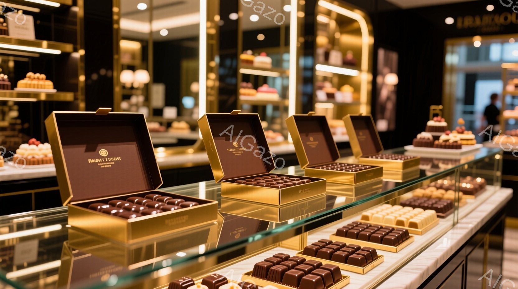 画像は高級チョコレート店のショーケースを捉えており、金色の箱に並べられた様々なチョコレートが並んでいます。チョコレートは正方形や長方形で、光沢があり、美味しそうに見えます。背景には、他のチョコレートやケーキが並んだショーケースがぼやけて見え、上品で洗練された雰囲気を醸し出しています。