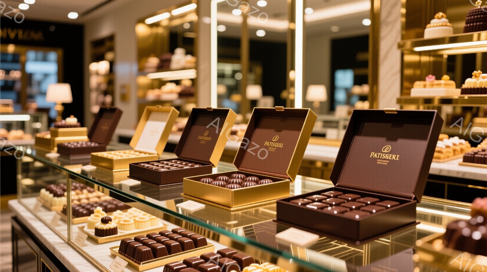 豪華なチョコレート専門店が写っており、様々な種類のチョコレートが美しい箱やケースに整然と並べられています。背景には金色の装飾が施された棚が続き、上品で洗練された雰囲気を醸し出しています。照明がチョコレートを照らし、その繊細な美しさを引き立てています。