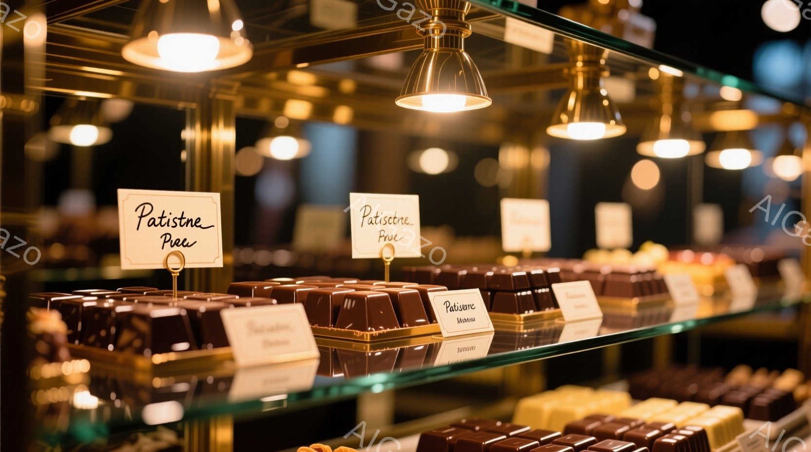 ショーケースの中に整然と並べられたチョコレートが印象的な写真です。それぞれのチョコレートは四角形で、濃い茶色をしており、光沢があります。背景にはぼやけた照明が並び、高級感と落ち着いた雰囲気を醸し出して - AI生成フリー素材