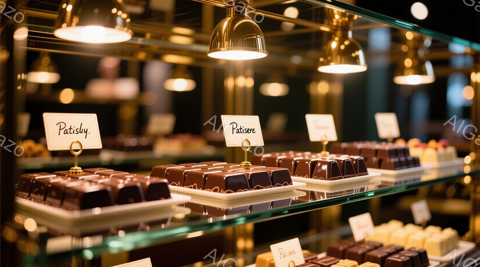 チョコレートの陳列ケースが写っており、様々な種類のチョコレートが整然と並べられています。チョコレートは正方形や長方形にカットされ、光沢があり、美味しそうに見えます。背景は暗く、チョコレートの美しさを際立たせており、高級感のある雰囲気が漂っています。