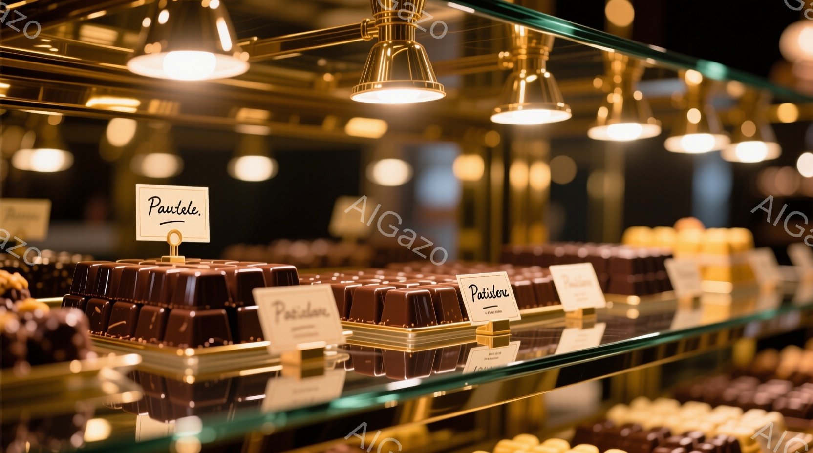 チョコレートのショーケースが並び、それぞれに「Paulane」と書かれた小さなラベルがついています。チョコレートは四角い形をしており、きらびやかな照明の下で美しく輝いています。全体的に高級感があり、洗練された雰囲気が漂う、チョコレート専門店の一角の様子です。