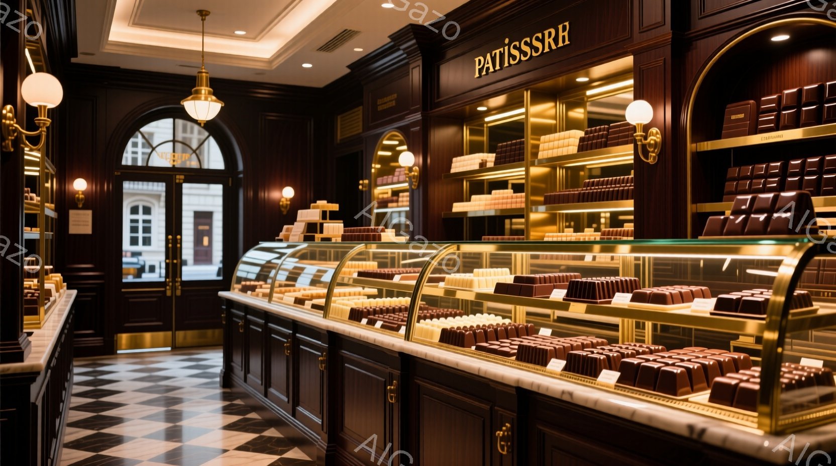 店内は高級感のあるチョコレート専門店で、磨き上げられた木製のショーケースに様々なチョコレートが整然と並べられています。黒と白の市松模様の床と、壁面の暖色系の照明が、チョコレートの美しい色合いを引き立てています。天井が高く、豪華なシャンデリアが店の雰囲気をより一層上品にしています。