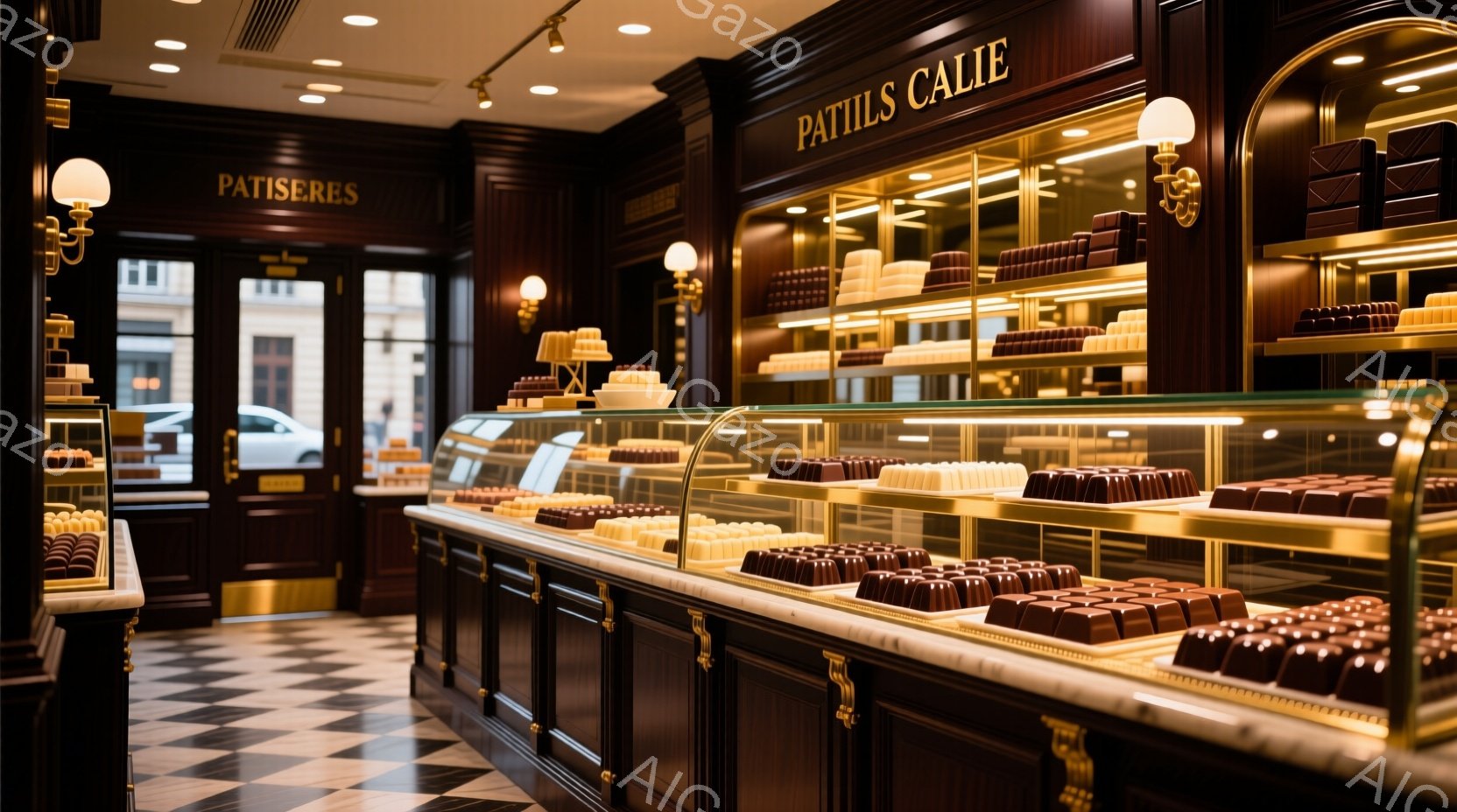 画像は、高級感のあるチョコレート専門店内部の様子を表しています。ショーケースには様々な種類のチョコレートが整然と並べられ、白と茶色の落ち着いた色調が上品な雰囲気を醸し出しています。床の白黒のチェック模様と、天井のシャンデリア風の照明が、店内のクラシカルな雰囲気をさらに高めています。