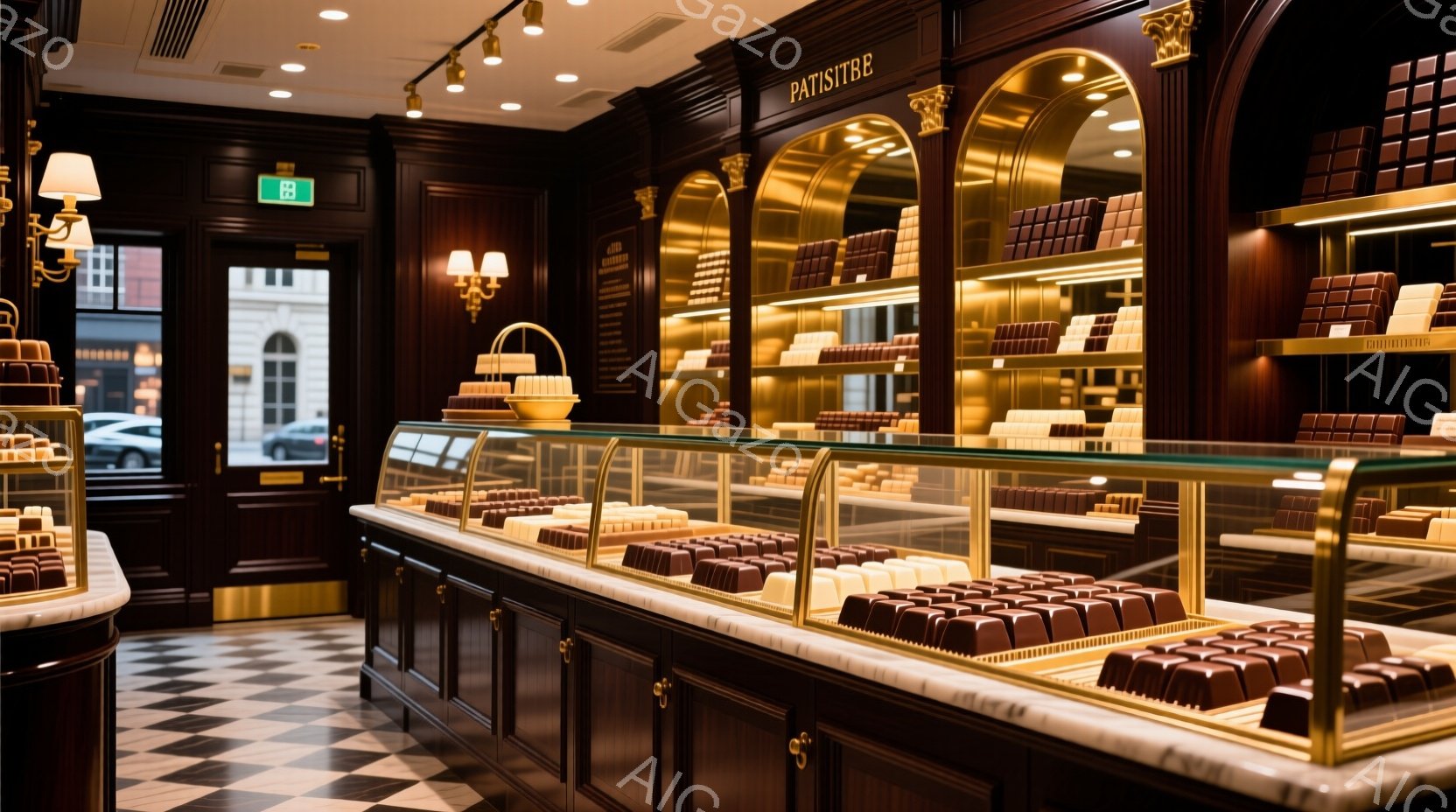 店内は、豪華な木製のショーケースが並び、チョコレートが美しく陳列されています。白と黒のチェック柄の床と、ゴールドのアクセントが上品な雰囲気を醸し出しており、窓の外には建物の風景が見えます。全体として、高級感があり、落ち着いた雰囲気のチョコレート専門店です。