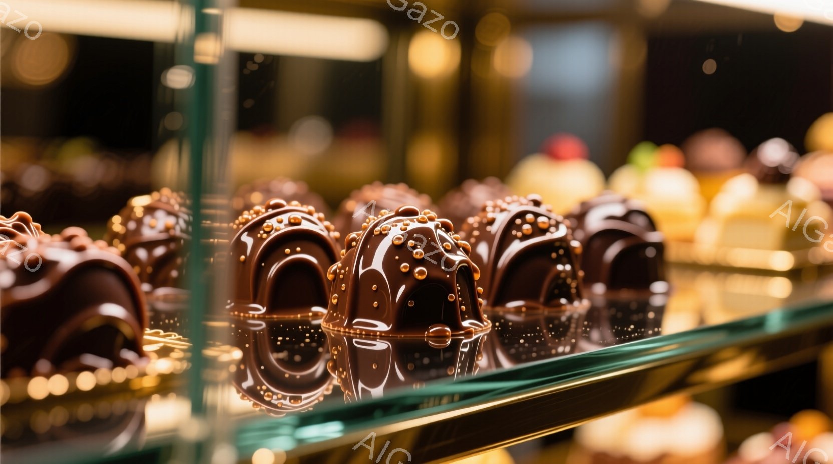 チョコレートのショーケースの中に、球状のチョコレート菓子が並んでいる。チョコレートは光沢があり、表面に小さな球状の装飾が施され、まるで宝石のように輝いている。背景には他の菓子が見え、高級感のあるパティ - AI生成フリー素材