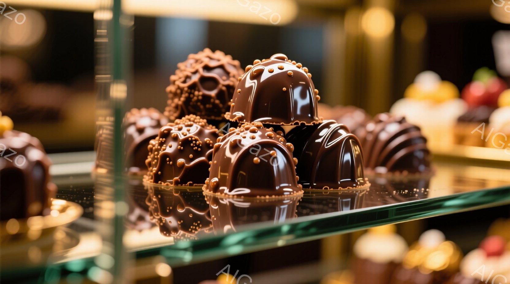 チョコレートのショーケースの中に、美しいトリュフが並べられています。光沢のあるチョコレートは深みのある茶色で、表面には小さなチョコレートの球がびっしりと飾られています。背景には他の焼き菓子が見え、高級 - AI生成フリー素材