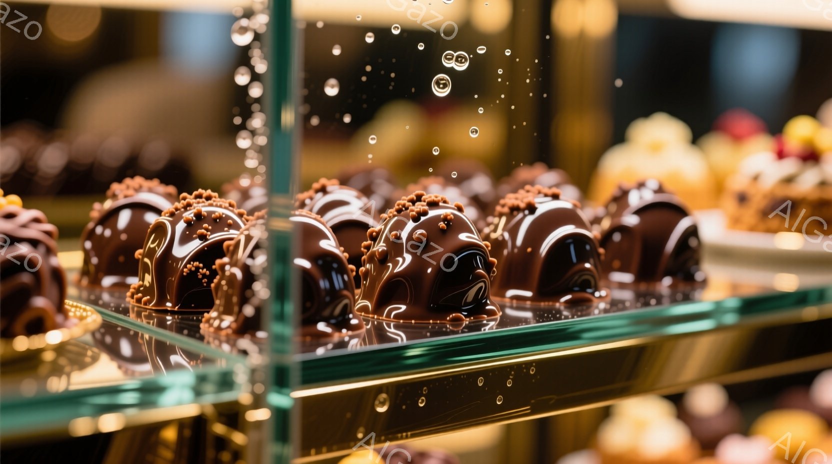 光沢のあるチョコレート菓子がショーケースの中に整然と並べられています。各菓子は茶色い表面に小さなチョコレートの粒が飾り付けられ、まるで宝石のように見えます。背景にはぼんやりとした明るい色の菓子が見え、 - AI生成フリー素材