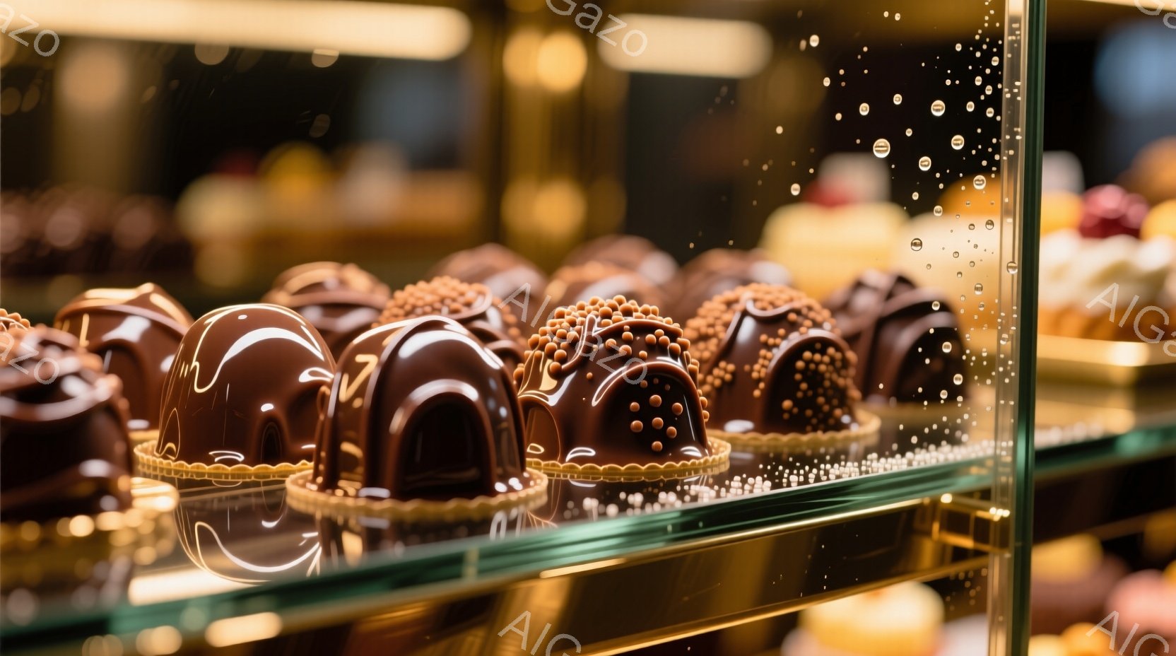 チョコレート色の美しいケーキがショーケースに並べられています。ケーキは丸みを帯びたドーム型で、表面には小さなチョコレートボールがぎっしりと散りばめられ、艶やかな光沢があります。ショーケースの反射と背景のぼやけが、ケーキの繊細さを引き立て、高級感と美味しさを感じさせる雰囲気を醸し出しています。
