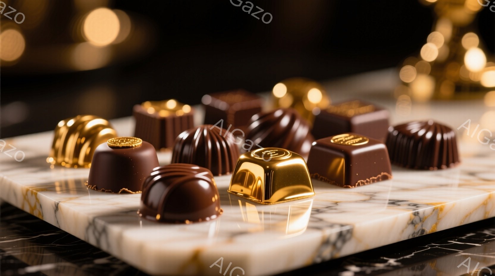チョコレートが、大理石のような模様の台の上に並べられています。様々な形と色合いのチョコレートは、光沢があり、高級感を感じさせます。背景は暗く、ぼやけた光が点在しており、チョコレートが引き立つように工夫 - AI生成フリー素材