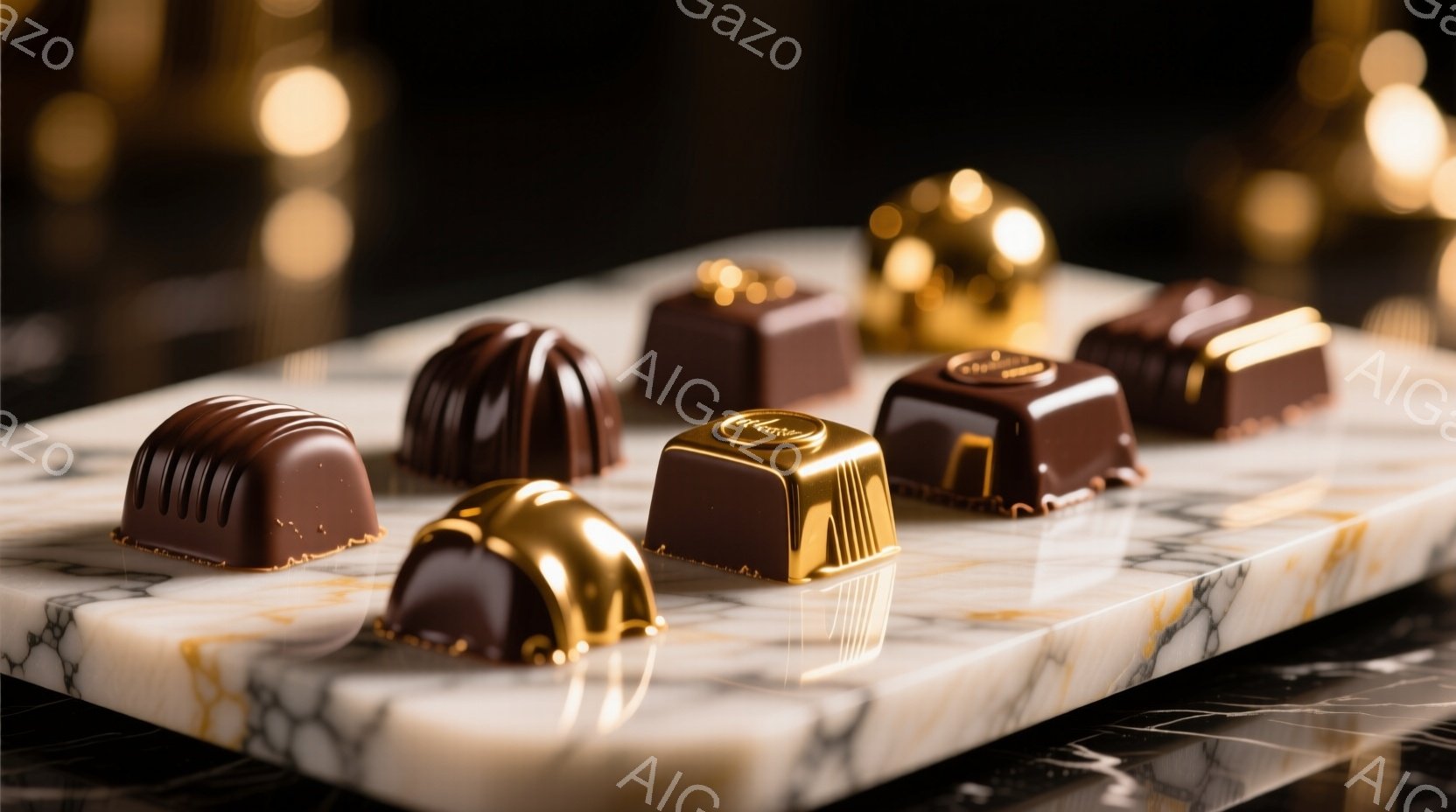 複数のチョコレート菓子が、大理石模様の台の上に整然と並べられています。チョコレートは様々な形をしており、一部には金色の装飾が施され、高級感と洗練された雰囲気を醸し出しています。背景は暗く、ぼやけた光が点在し、チョコレートを際立たせています。