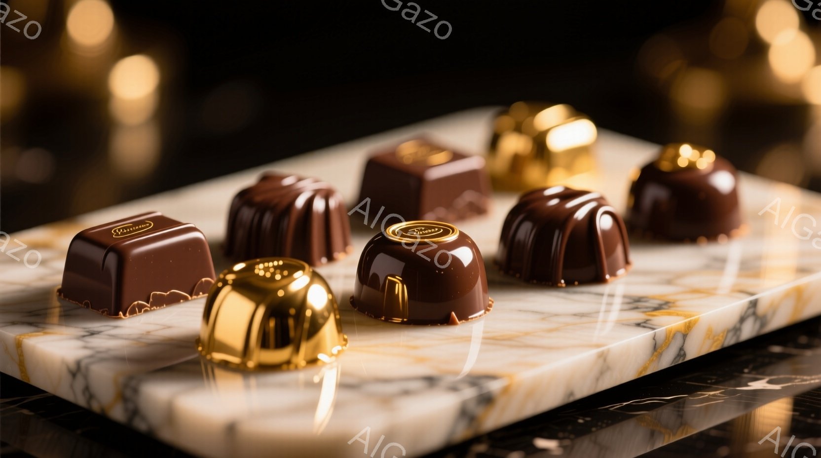 チョコレートが白大理石のような台の上に並べられています。チョコレートは様々な形をしており、茶色と金色で、高級感と洗練された雰囲気を醸し出しています。背景は暗くぼやけており、チョコレートに焦点が当てられ - AI生成フリー素材