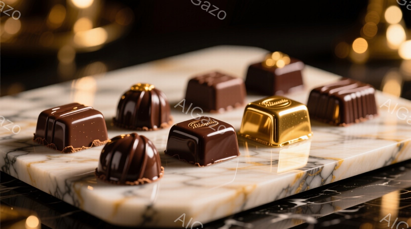大理石のような白い板の上に、様々な形状のチョコレートが並べられています。チョコレートは茶色と金色で、光沢があり、高級感を感じさせます。背景は暗く、ぼんやりとした光のぼかしがあり、チョコレートが際立って - AI生成フリー素材