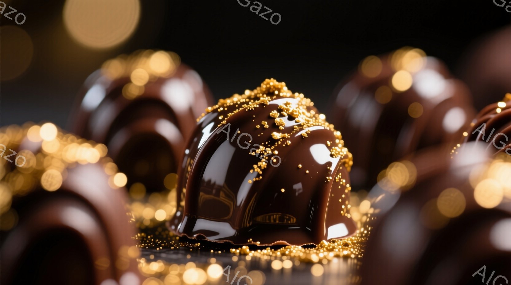 チョコレートの宝石のような光景が広がっています。深みのある茶色のチョコレート菓子が、金色の小さな粒々で飾られ、まるで夜空に輝く星のようです。背景にはぼんやりとした光のぼかしがあり、高級感と特別な雰囲気を醸し出しています。