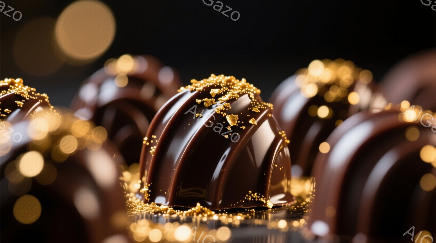 チョコレートの詰め合わせが、暗い背景の中でぼやけた光と共に並んでいる。チョコレートは光沢のある茶色で、上部には金色の輝きを持つ細かい装飾が散りばめられている。全体的に、贅沢で洗練された雰囲気を醸し出しており、特別な機会やギフトに相応しい印象を与える。