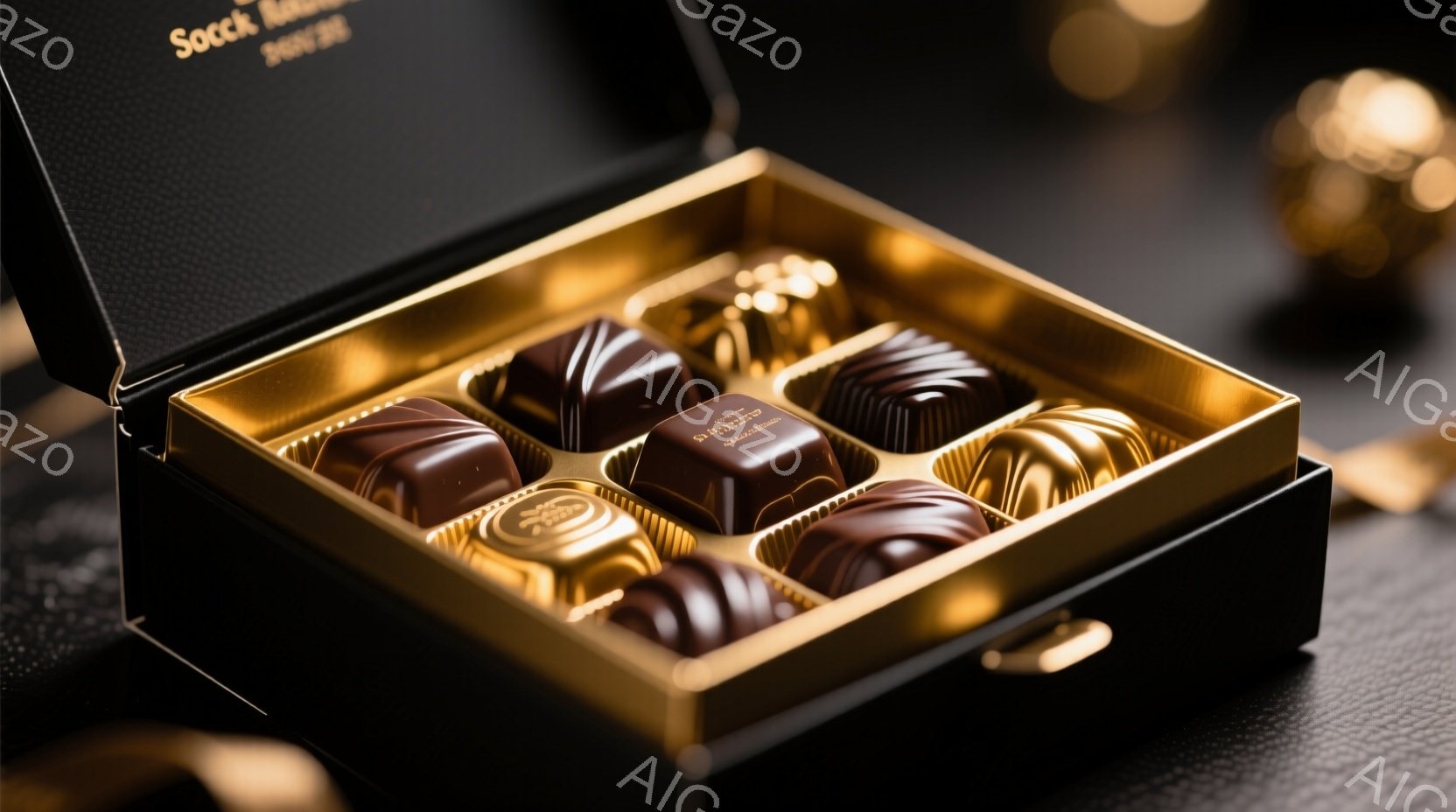チョコレートが並んだ箱が写っている。箱は黒と金色の装飾が施され、高級感のある雰囲気を醸し出している。背景はぼかされており、箱とチョコレートが際立っている。 - AI生成フリー素材
