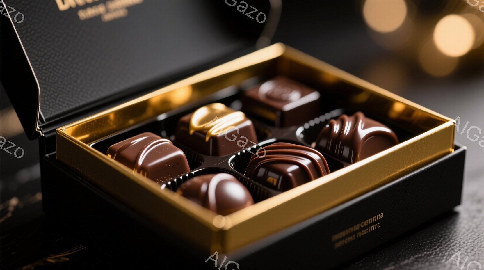 チョコレートが整然と並んだ黒い箱が写っています。チョコレートは様々な形をしており、光沢があり美味しそうに見えます。背景はぼやけており、暖色系の光が少し見え、高級感と落ち着いた雰囲気を醸し出しています。