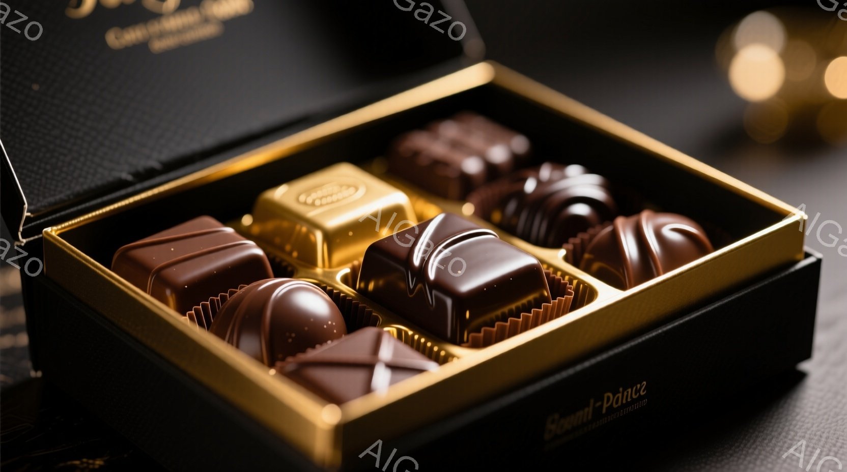 チョコレートが丁寧に包装された箱が写っています。様々な形と色のチョコレートが、金色の縁取りのある黒い箱の中に整然と並べられています。背景はぼかされており、高級感と洗練された雰囲気を醸し出しています。