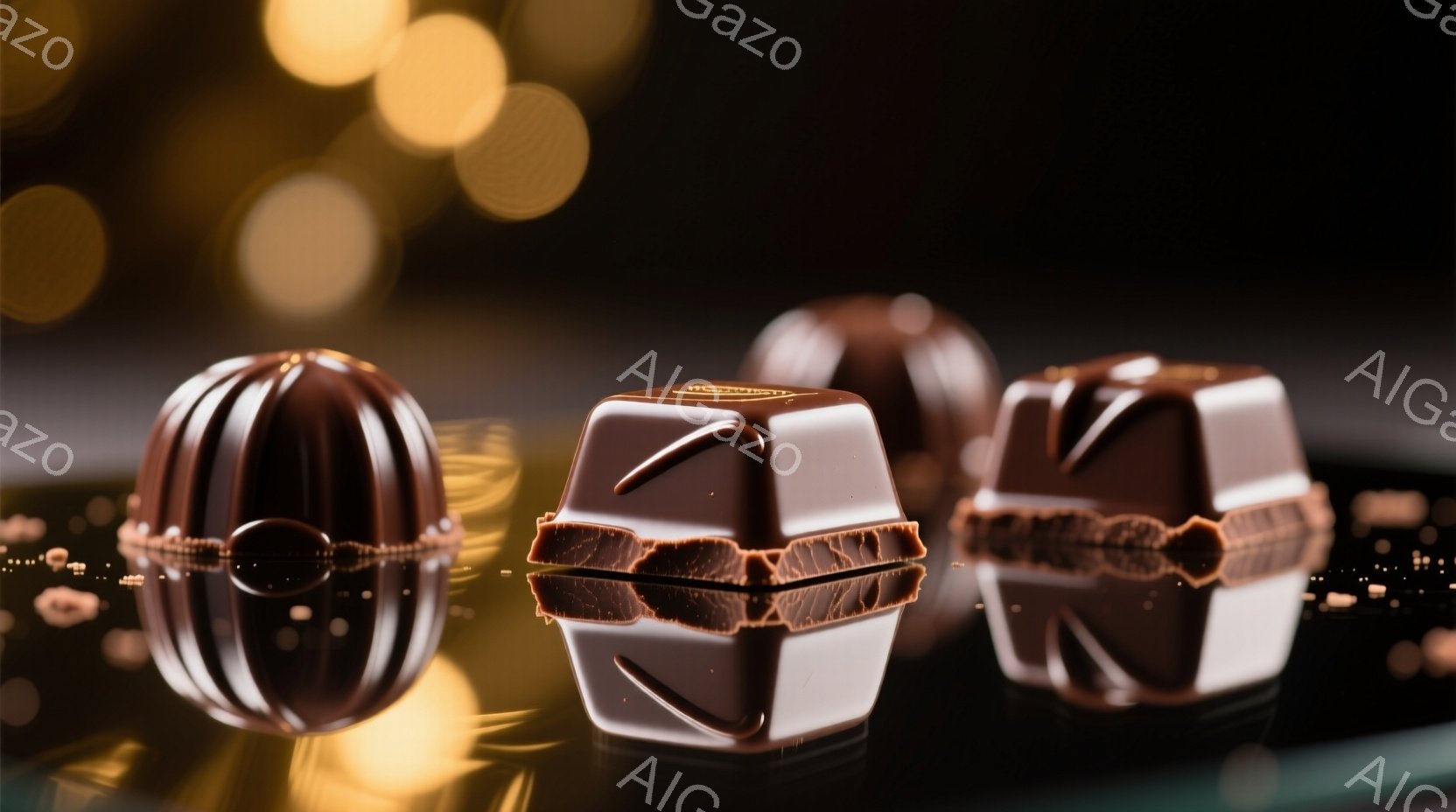 画像には、磨かれた暗い表面に置かれた、様々なチョコレートが写っている。チョコレートは、丸い形をしたもの、そして宝石のような箱の形をしたものが２つあり、それぞれ光沢のある茶色をしており、その下には反射が - AI生成フリー素材