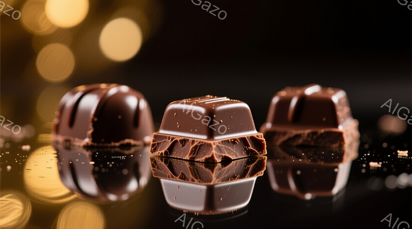 チョコレートが3つ、黒い反射面の上に並べられています。一つは丸いチョコレート、一つは半分に割れた四角いチョコレート、そしてもう一つは割れた丸いチョコレートです。背景は暗く、ぼやけた金色の光が散りばめら - AI生成フリー素材