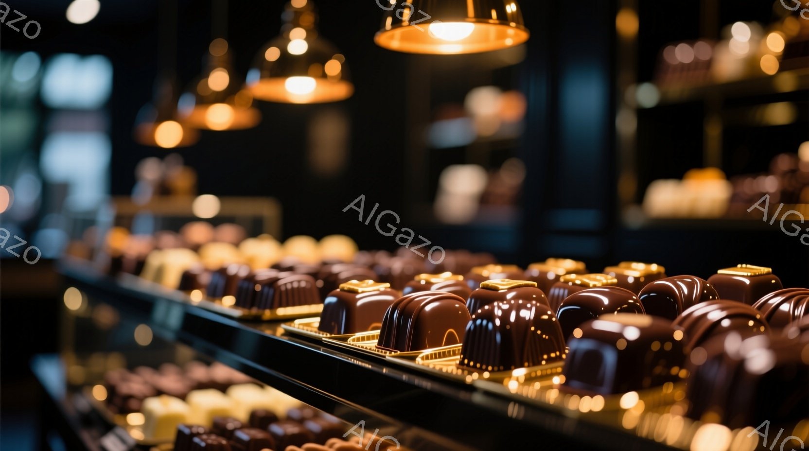 ショーケースには、美しいチョコレート菓子が整然と並べられています。茶色とゴールドのコントラストが美しく、それぞれのチョコレートは丁寧に作られたことがわかります。背景は暗く、スポットライトがチョコレート - AI生成フリー素材