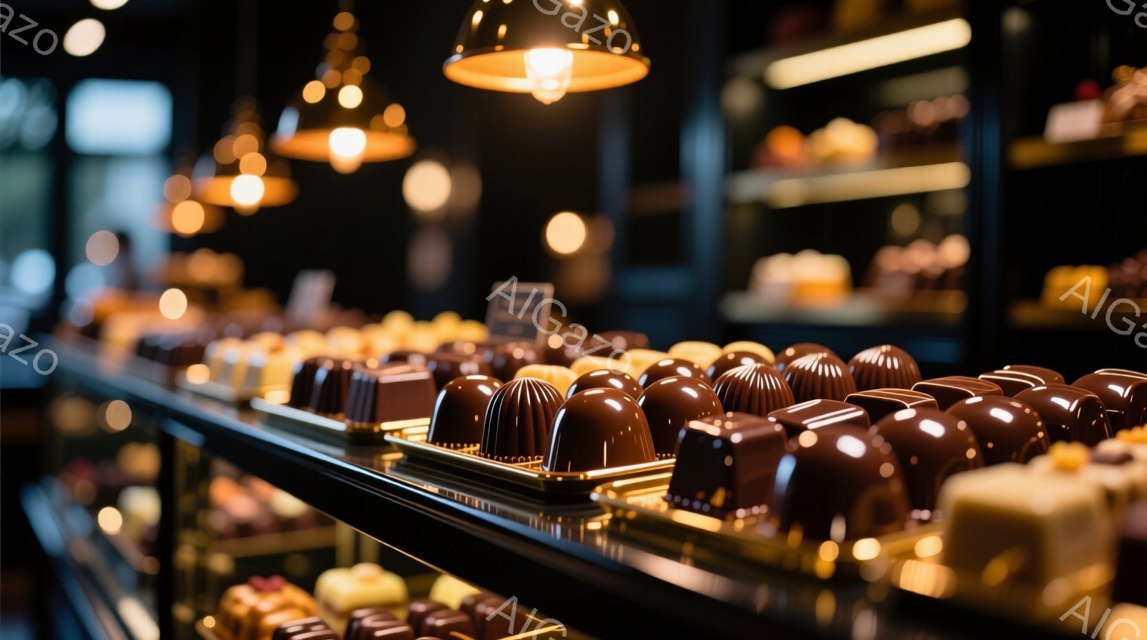 チョコレートのショーケースが並び、様々な種類のチョコレート菓子が整然と並べられています。深みのある茶色のチョコレートは、光沢があり、高級感を与えます。背景は暗く、ショーケースにスポットライトが当たって - AI生成フリー素材