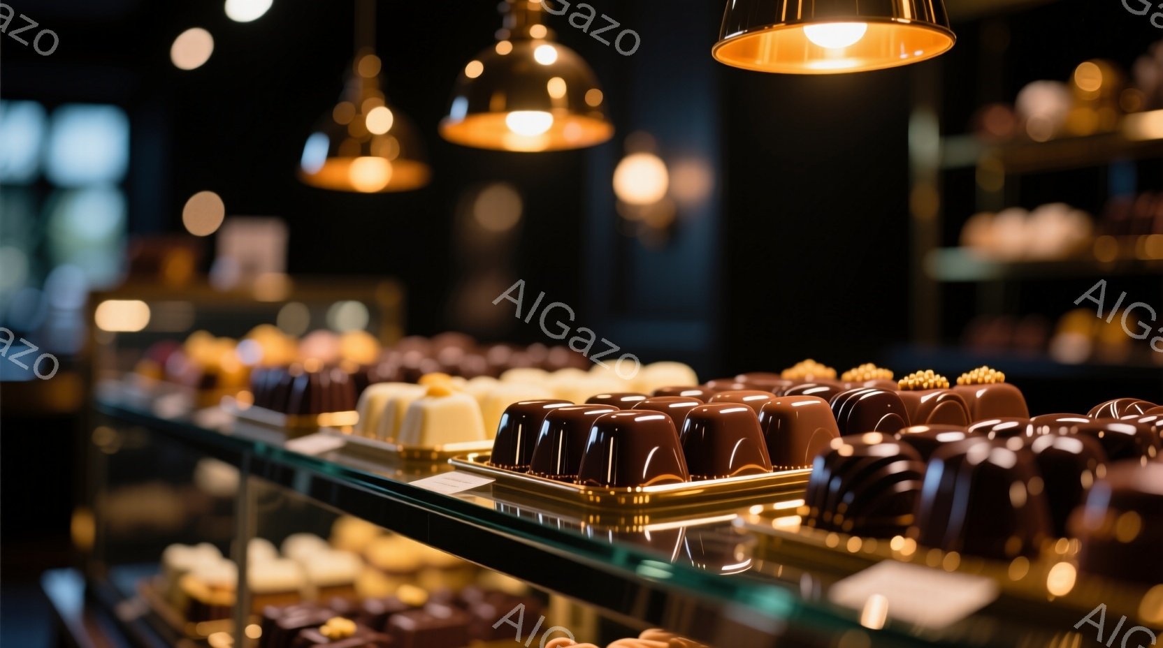 ショーケースの中に整然と並んだチョコレート菓子が印象的な写真です。深みのある茶色や金色を基調とした照明が、それぞれのチョコレートの滑らかな質感を強調しています。背景は暗く、高級感のある落ち着いた雰囲気を醸し出しており、特別なスイーツ体験を予感させます。