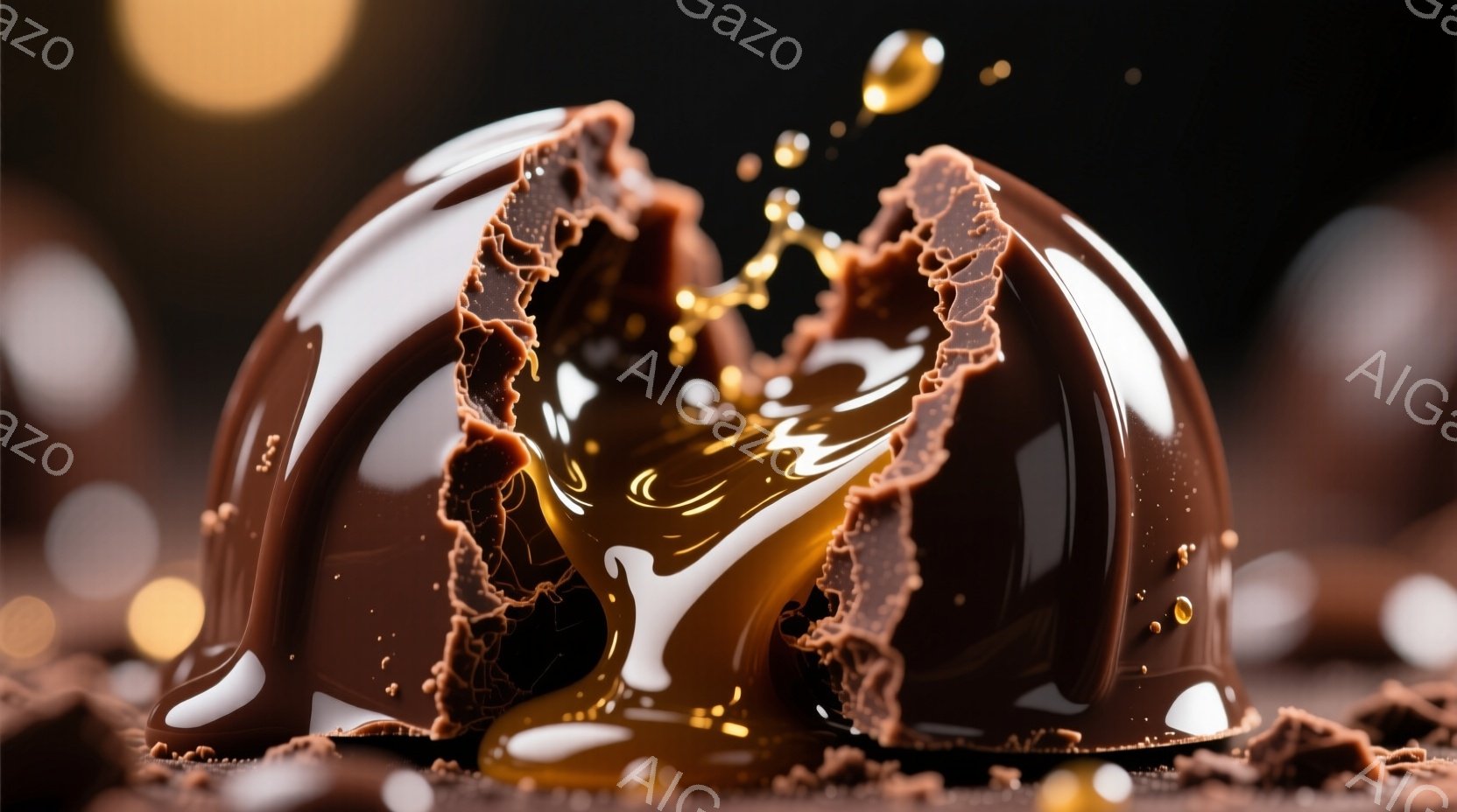 チョコレートのドームが割れており、中からキャラメルソースのような黄金色の液体が流れ出ている様子が捉えられています。背景は暗く、ぼやけた光の玉が散りばめられており、チョコレートの破片が底に散らばっていることで、甘く官能的な雰囲気を醸し出しています。光の反射がチョコレートの滑らかな表面を強調し、非常に魅力的な構図となっています。