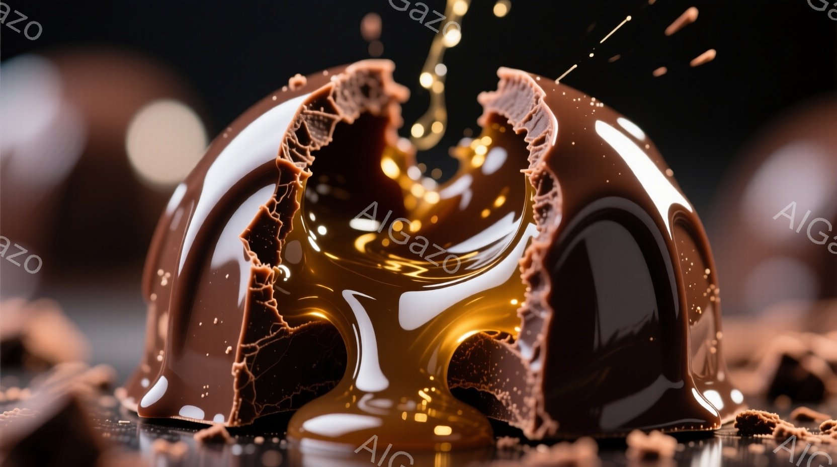 チョコレートの球体が割れ、中から溶けたチョコレートが流れ出ている様子が捉えられています。表面は光沢があり、割れた断面からは、濃厚なチョコレートの香りが漂ってくるようなイメージです。背景は暗く、チョコレートのテクスチャと光沢が際立っており、甘くて贅沢な雰囲気を醸し出しています。