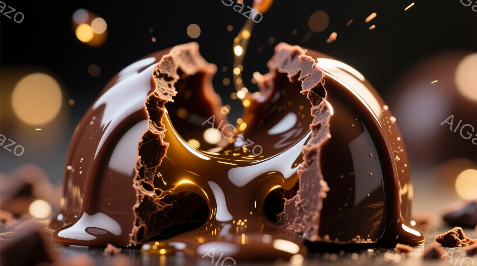 チョコレートの大きな塊が割れており、溶けたチョコレートが流れ出している様子が捉えられています。背景は暗く、ぼやけた光の粒子が散りばめられており、チョコレートの豊かな光沢と深みを描き出しています。全体的に、濃厚で甘美な雰囲気が漂い、視覚的に食欲をそそる印象を与えます。