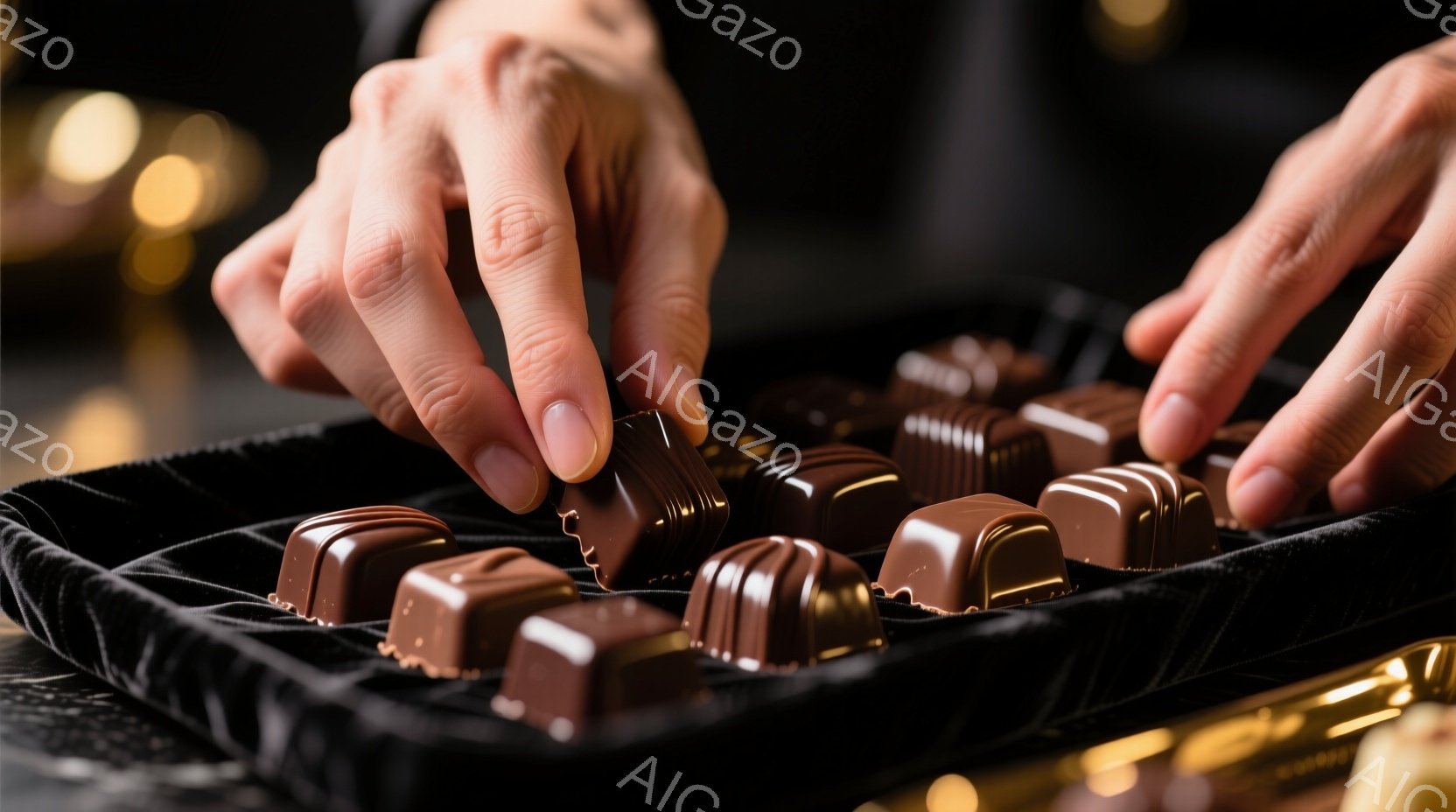 チョコレートが並んだ黒い箱の中に、女性の手が一本のチョコレートを摘み取ろうとしている様子が写っている。チョコレートは様々な形をしており、箱の黒いベルベットとチョコレートの茶色がコントラストを生み出している。背景はぼやけており、全体的に高級感と洗練された雰囲気を醸し出している。