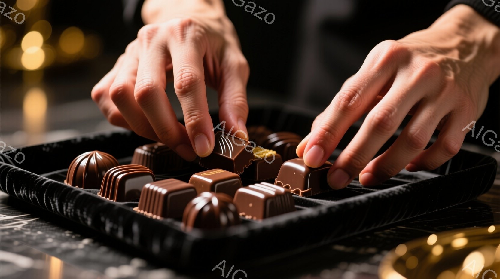チョコレートの詰め合わせが並んだ黒いトレイに、指先がそっと触れようとしている様子が捉えられています。背景は暗く、ぼやけた光がアクセントとなり、高級感と落ち着いた雰囲気を醸し出しています。 服装は黒で、手元に焦点が当てられているため、人物の顔や髪型は確認できません。