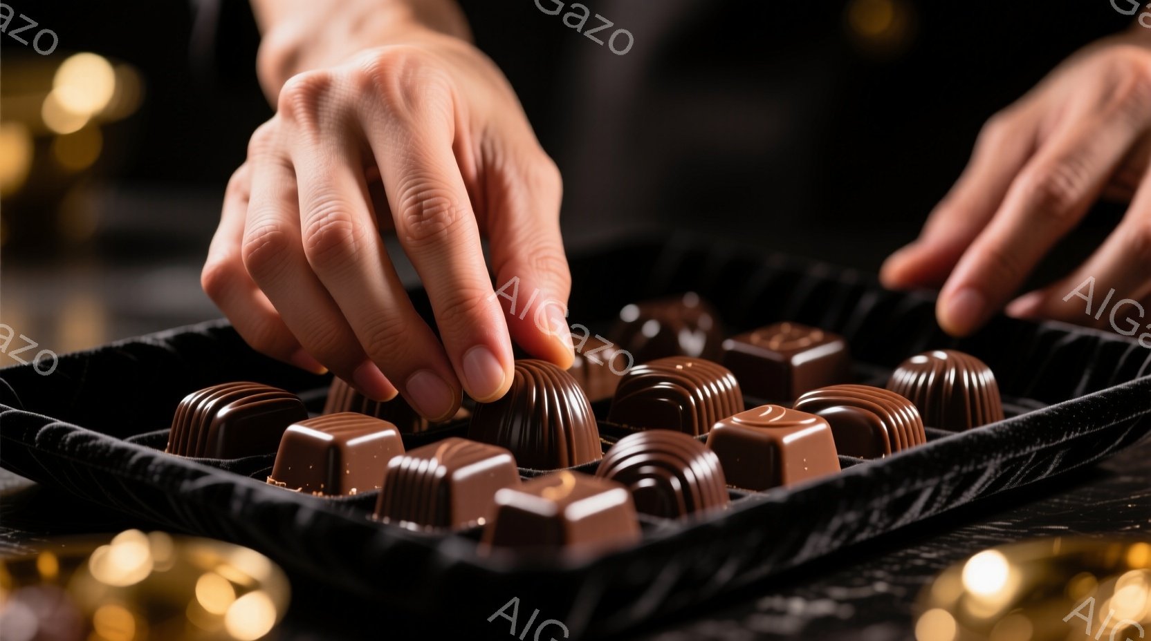 チョコレートが並んだトレーの上に手が伸びており、一つを手に取ろうとしている様子が写っています。背景にはぼやけた金の光が点在し、高級感と落ち着いた雰囲気を醸し出しています。服装は黒色で、手が焦点になっているため、人物の表情や髪型は不明です。