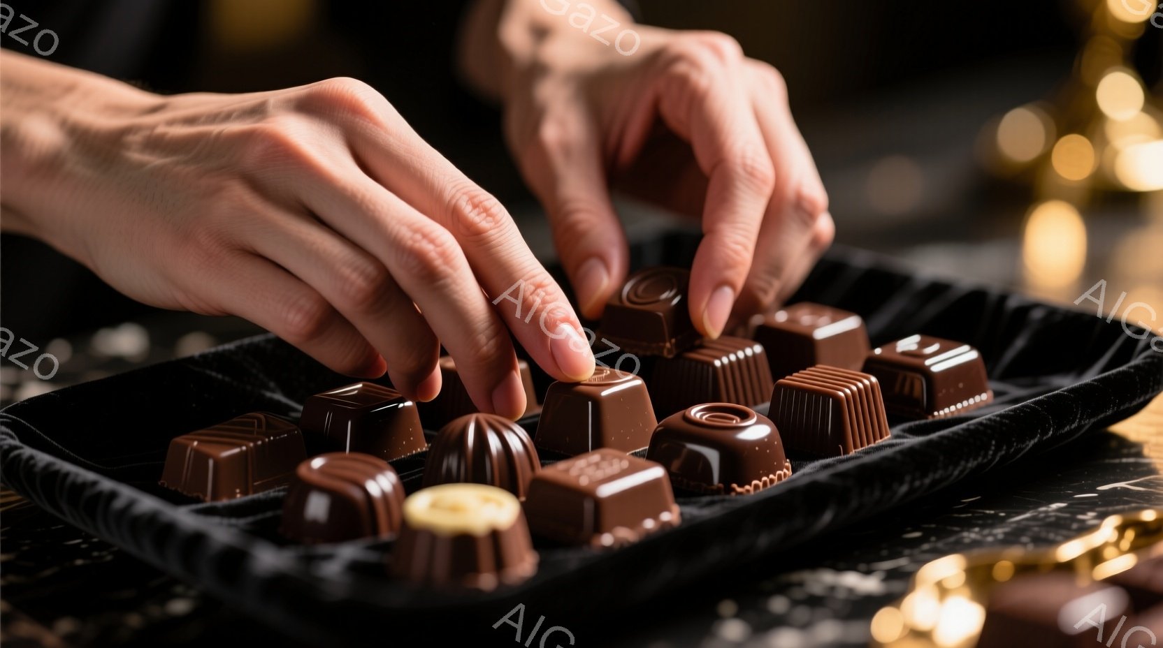 チョコレートが並んだ黒いトレイの上に、手が一つ伸びて、チョコレートの一つに触れようとしている様子が写っている。背景は暗く、ぼやけた黄金色の光がわずかに見えるだけで、チョコレートそのものがフォーカスされている。全体的に高級感があり、洗練された雰囲気が漂っている。