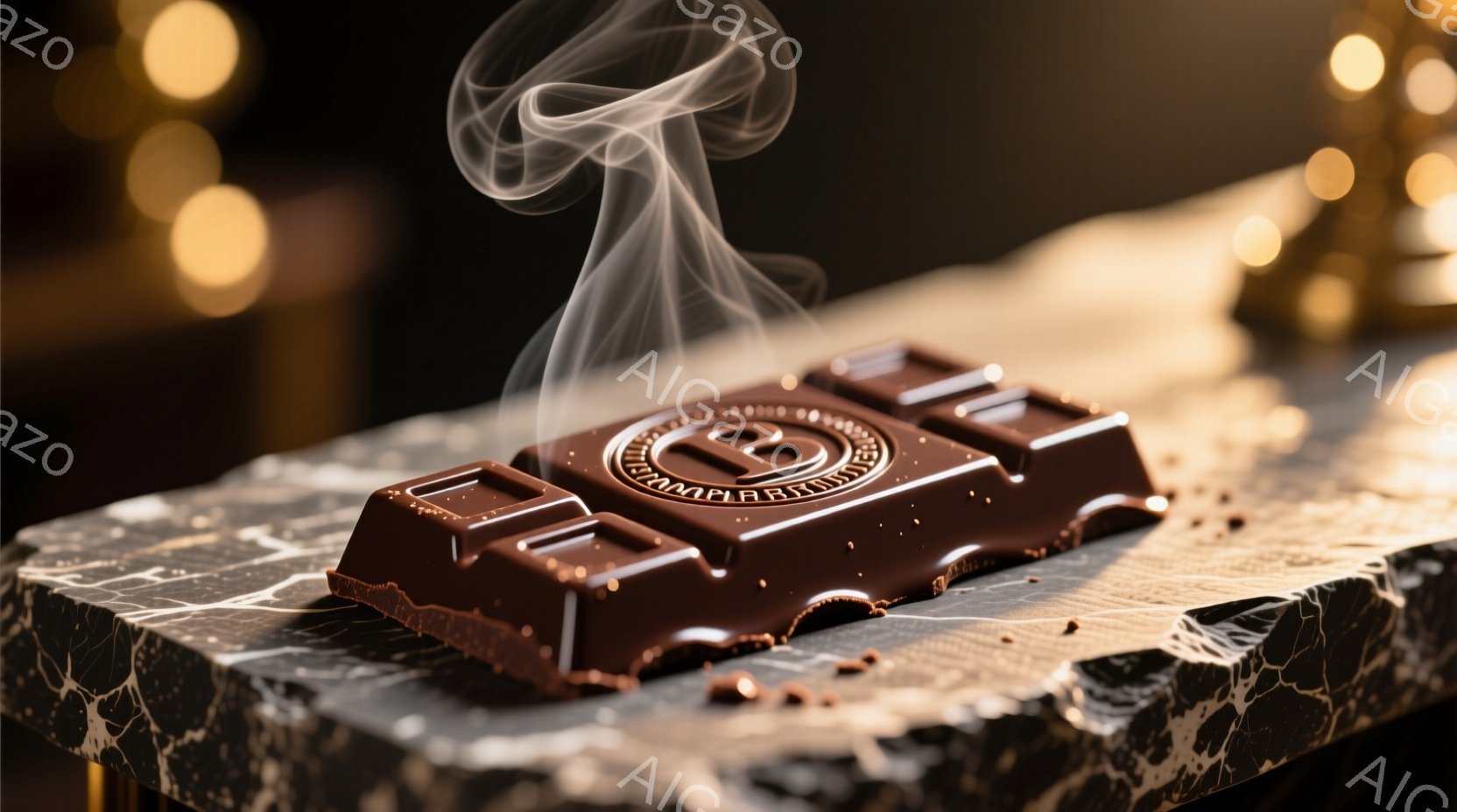チョコレートの大きな一片が、黒と白の縞模様の台座の上に置かれています。温かい蒸気がチョコレートから立ち上り、チョコレートには美しい装飾が施された「B」のロゴが刻印されています。背景は暗く、ぼやけた黄金 - AI生成フリー素材