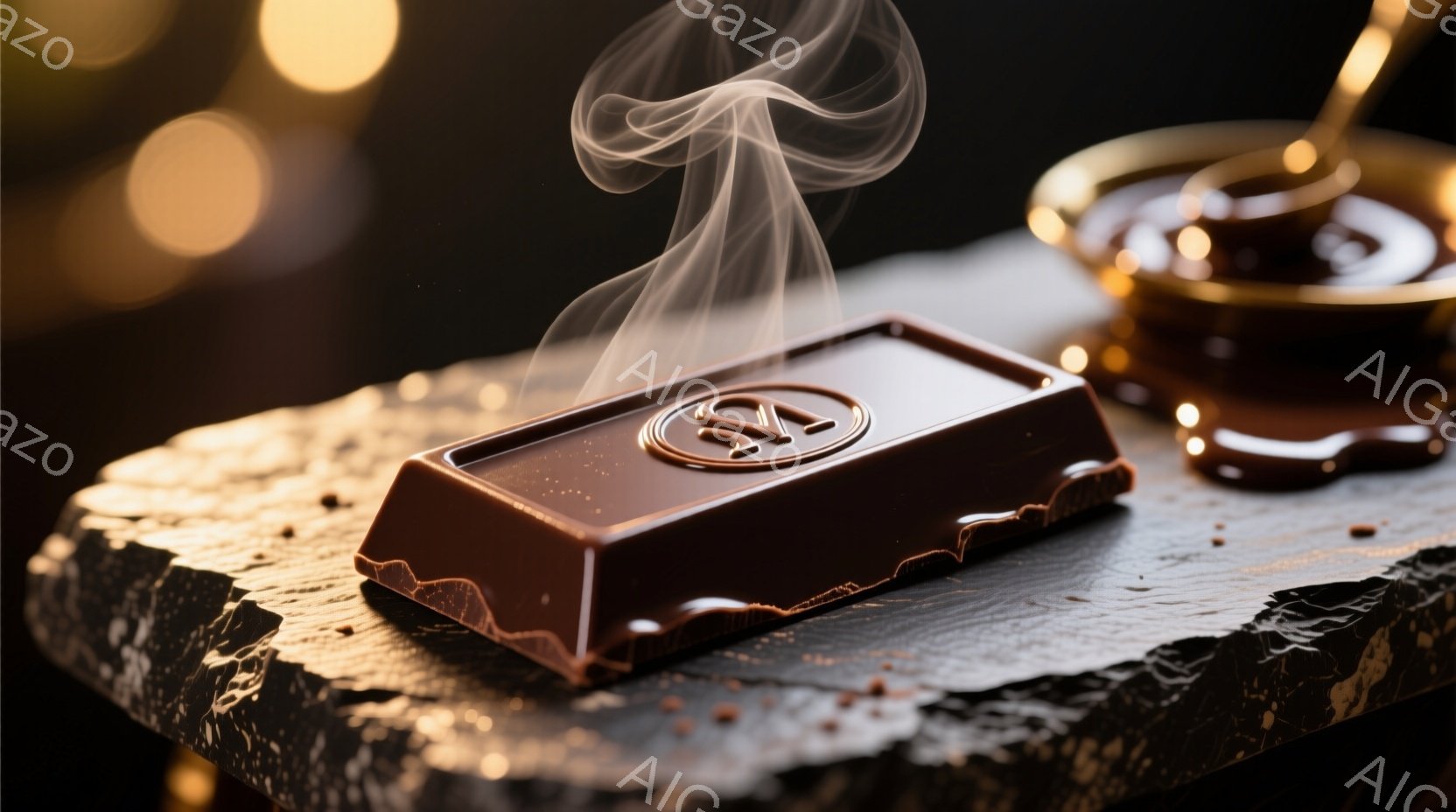 濃い茶色のチョコレートバーが、黒い大理石のような粗い表面の台の上に置かれています。チョコレートからは白い煙が立ち上り、奥には溶けたチョコレートが入った金色の容器が見えます。全体的に暖色系の照明で照らさ - AI生成フリー素材