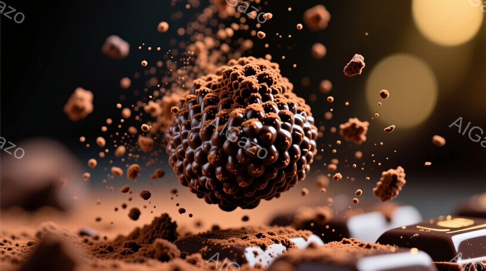 チョコレートが空中を舞い散る様子が捉えられています。丸いトリュフチョコレートを中心に、細かなチョコレートの粉が飛び散り、背景には角張ったチョコレートの塊が見えます。暖色系の照明が、チョコレートの甘く濃厚な雰囲気を強調しています。