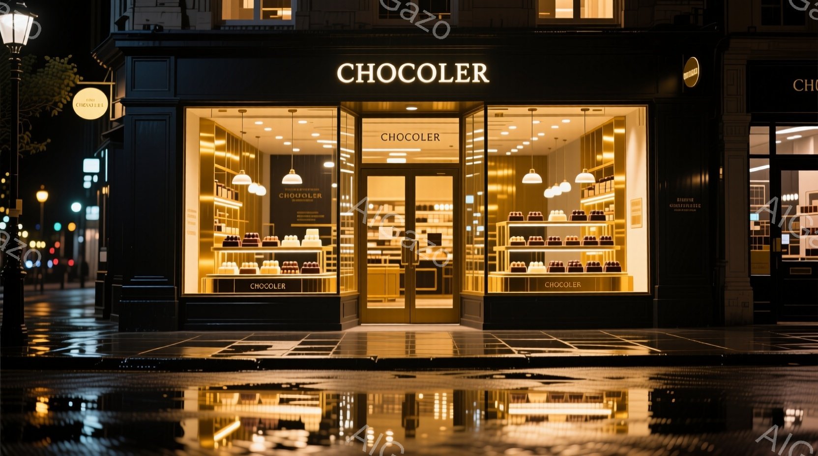 夜の街並みに佇むチョコレート店「CHOCOLER」が映っている。ショーウィンドウには様々なチョコレートが並び、店内は暖色の照明で明るく照らされている。雨上がりの濡れた石畳の道に店が映り込み、上品で落ち - AI生成フリー素材