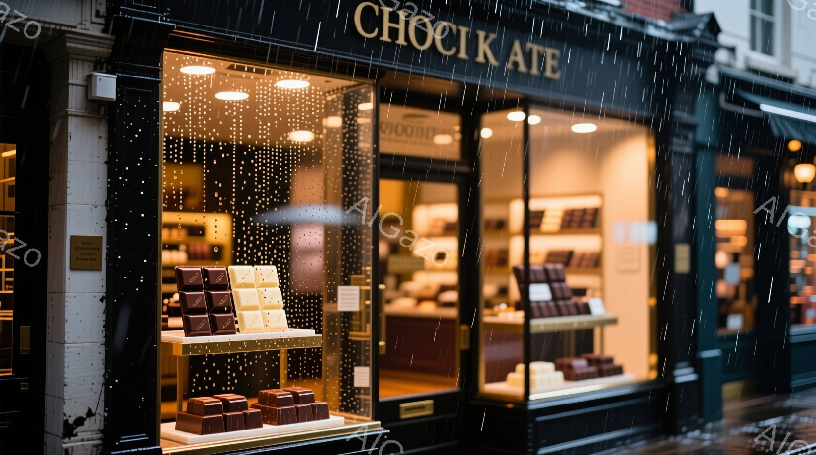 ショコラティエのショーウィンドウには、カラフルなチョコレートが整然と並べられています。雨が窓ガラスに当たり、光がぼやけ、暖かく魅力的な雰囲気を醸し出しています。背景には木製の内装がうかがえ、高級感と居心地の良い空間が感じられます。