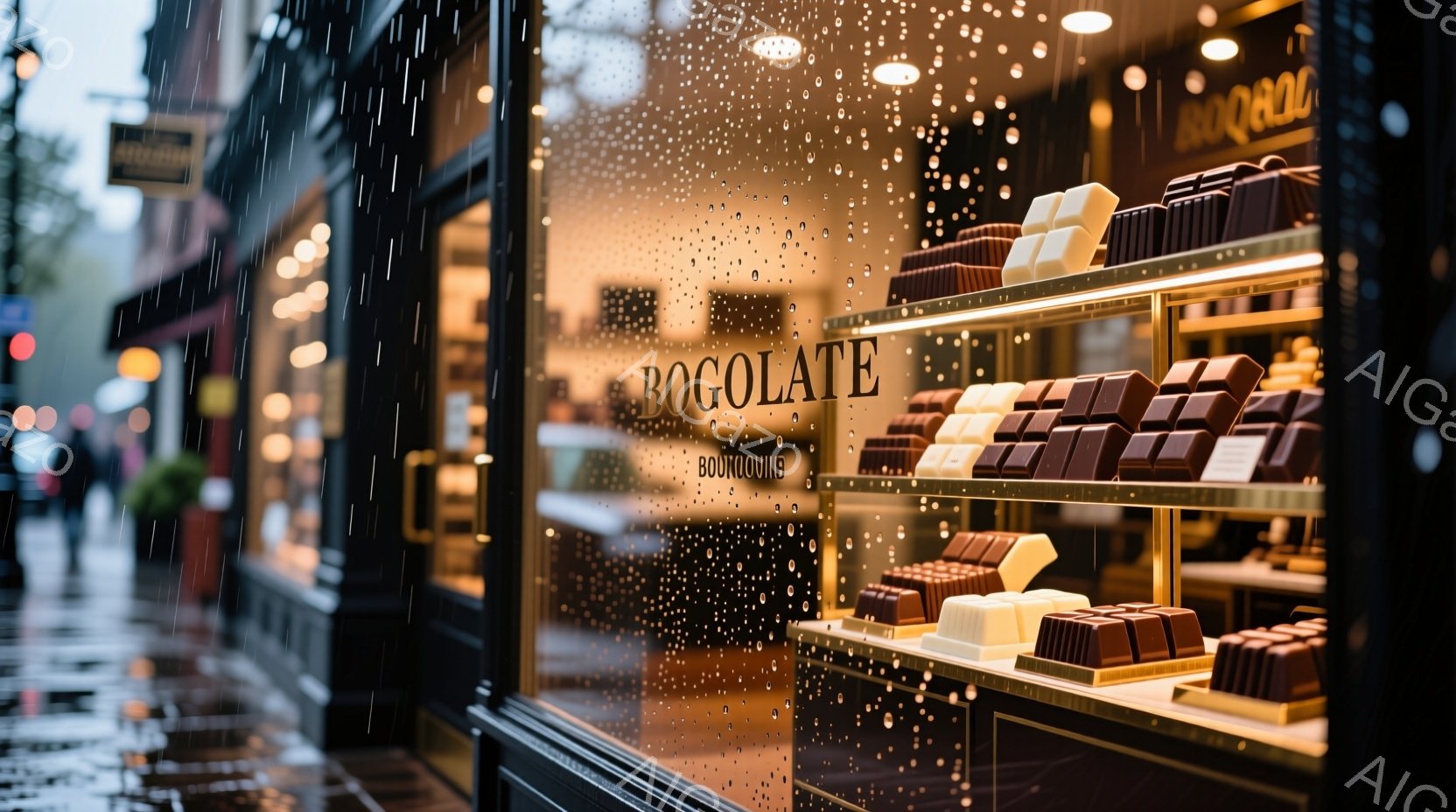 雨が窓ガラスに降り注ぎ、ショーウィンドウに並んだチョコレートがぼやけて見える。チョコレートは様々な色と形をしており、美味しさを引き立てている。背景には、雨の日にぼやけた街並みが見え、暖色のチョコレートと対照的で、どこか懐かしい雰囲気を醸し出している。
