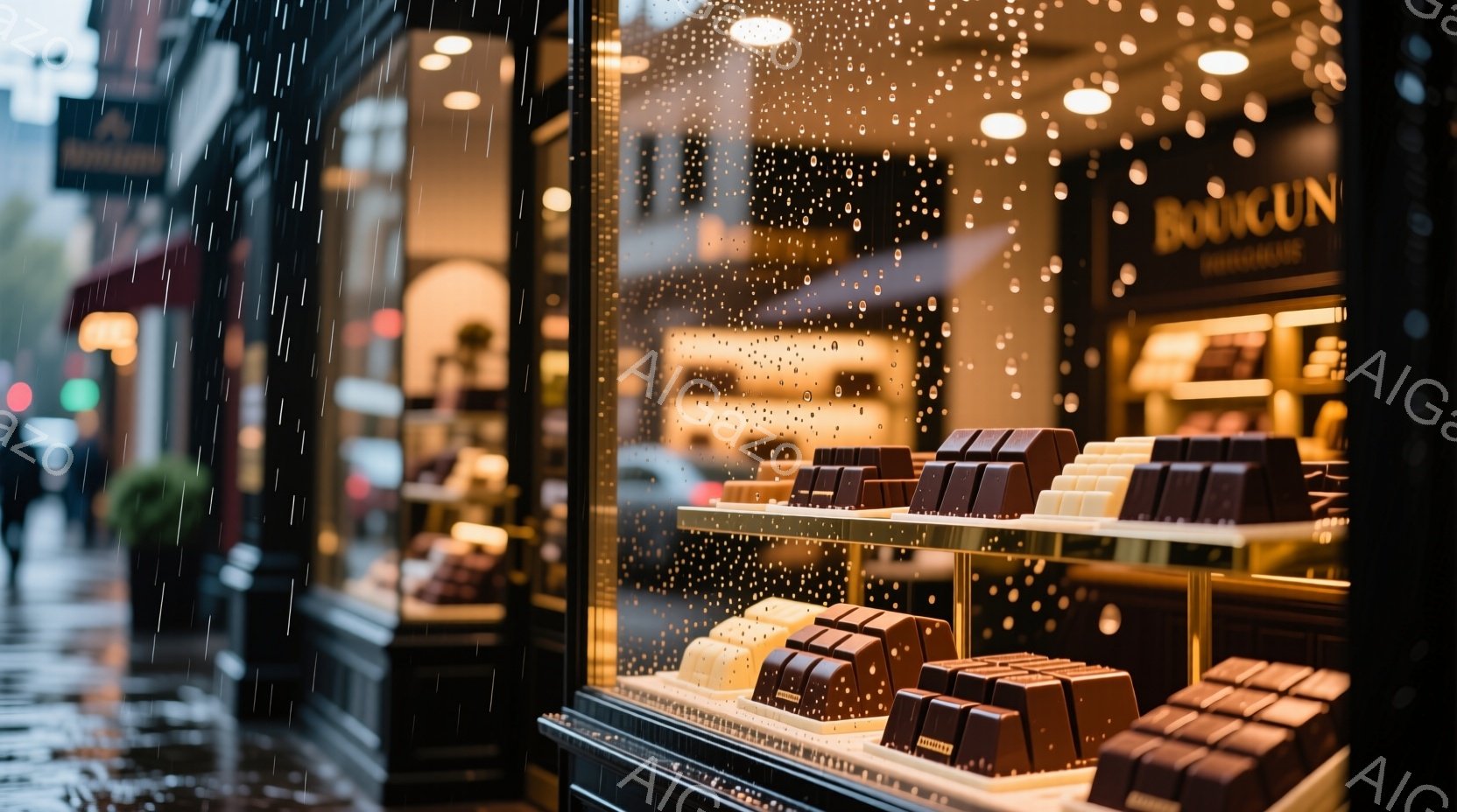 雨の日にショーウィンドウに並べられたチョコレートが映っている写真です。チョコレートは様々な種類があり、きれいに整列して展示されています。背景にはぼやけた街並みと、雨粒が窓ガラスに付着している様子が見られ、少し憂鬱で甘い雰囲気を醸し出しています。