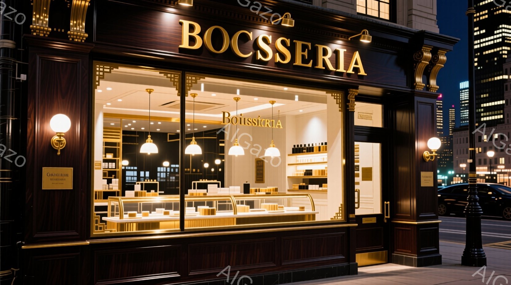 画像は、夜の街並みに佇む、高級感のあるブーランジェリー「BOISSIÈRE」の外観です。ショーケースには様々な焼き菓子が並び、店内は明るく温かい光で照らされています。背景には高層ビルがそびえ立ち、洗練された都会の雰囲気を醸し出しています。