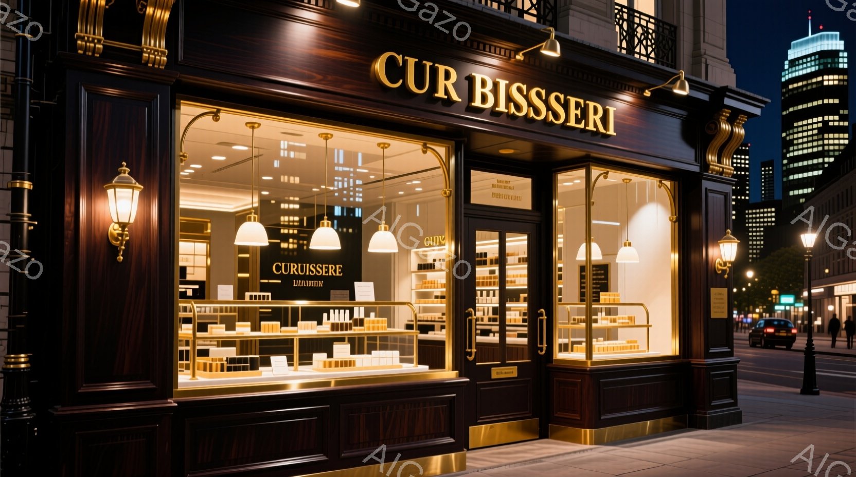 夜の街並みに佇む高級チョコレート店「キュイッセール」の外観が映っている。ショーウィンドウには整然とチョコレートが並べられ、暖色の照明が上品な雰囲気を醸し出している。背景には高層ビル群が聳え立ち、石畳の - AI生成フリー素材