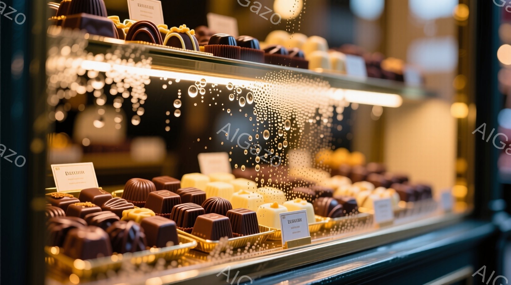 ショーケースの中に、様々な種類のチョコレートが整然と並べられています。茶色、金色、白など、色とりどりのチョコレートは、丁寧に作られた繊細な形をしており、上品な雰囲気を醸し出しています。背景はぼかされて - AI生成フリー素材