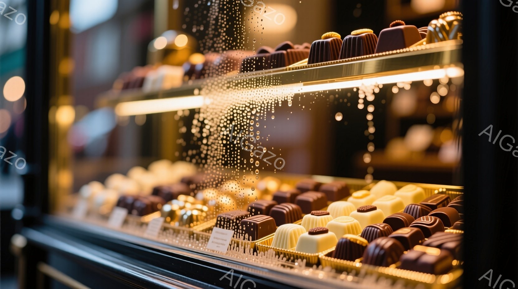 ショーケースの中に、様々な種類のチョコレートが整然と並べられています。チョコレートは茶色、白、金色の色合いで、滑らかで光沢のある表面を持っています。ショーケースのガラスには雨粒がつき、少しどんよりとし - AI生成フリー素材