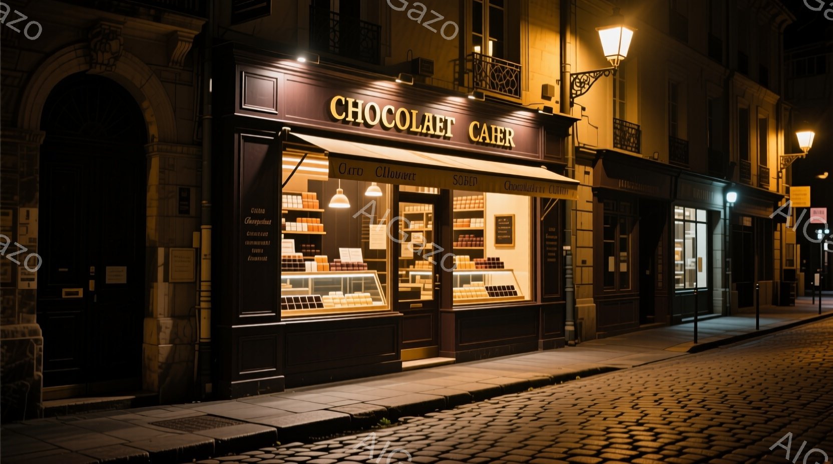 石畳の通りに面したチョコレート店「ショコラ・エ・カフェ」が夜に照らされている。ショーウィンドウには様々な種類のチョコレートが整然と並べられ、暖かく魅力的な光を放っている。建物は歴史的な雰囲気があり、周 - AI生成フリー素材